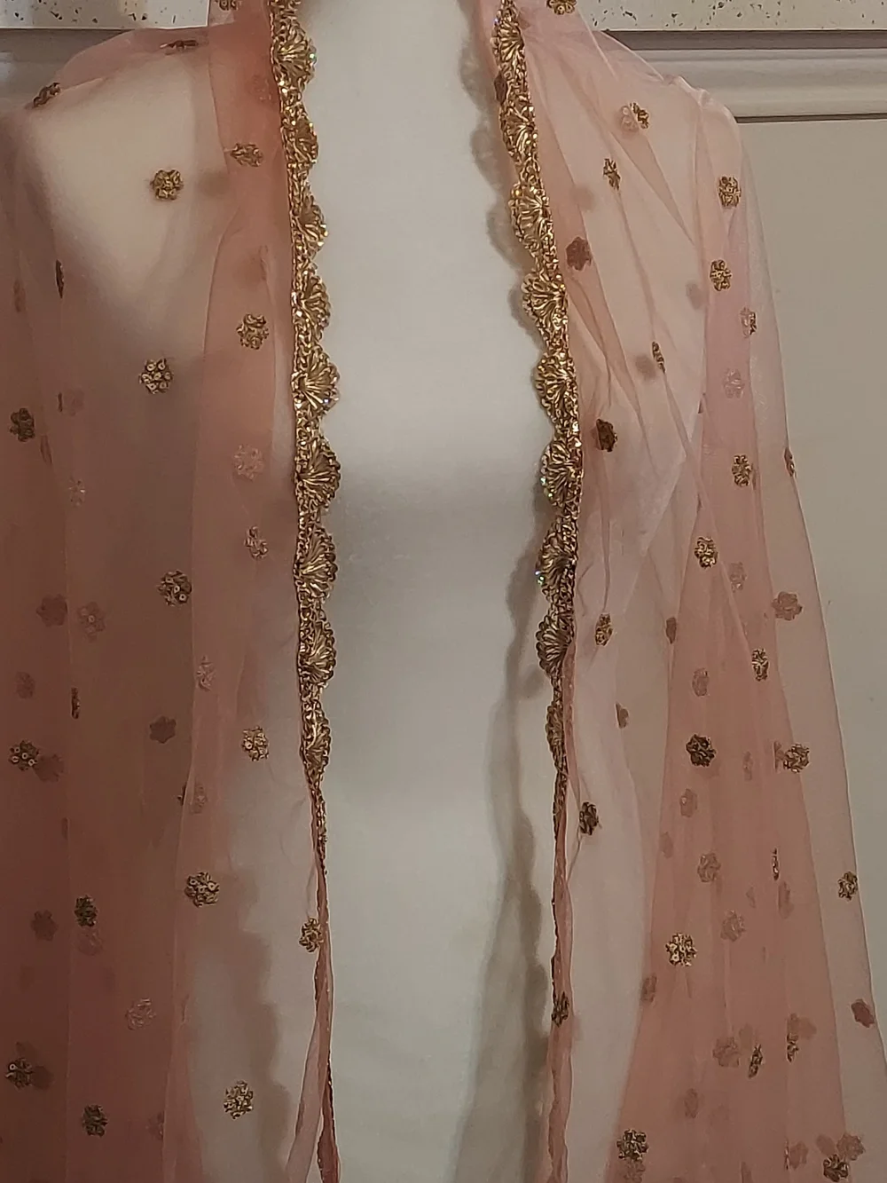Sheer Blush Pink Gold Embellished Dupatta